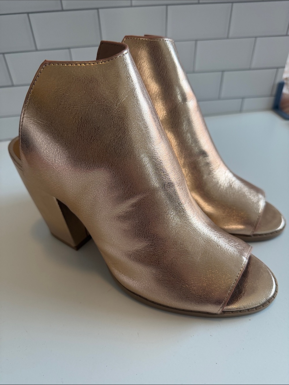 Qupid Rose Gold Metallic Peep-Toe Block Heel Mules